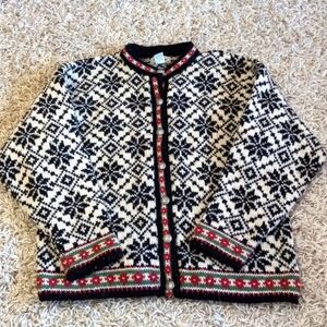 LLBean Women's Black and White Scandinavean Button Front Cardigan Sweater Size M